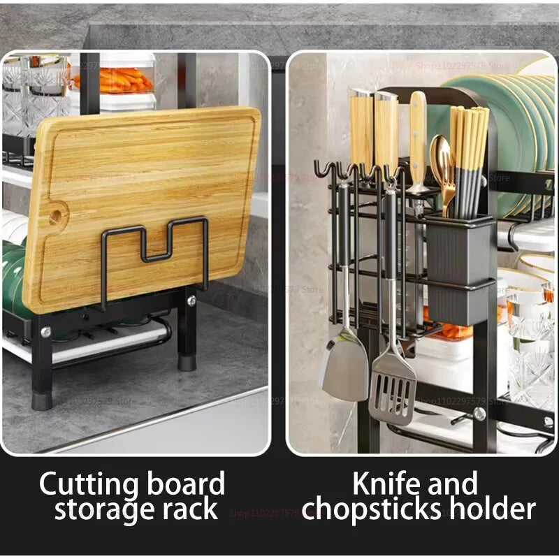Two-Tier Compact Dish Drying Rack with Draining Board and Utensil Holder Rust-Proof Kitchen Dish Drainer For Narrow Spaces