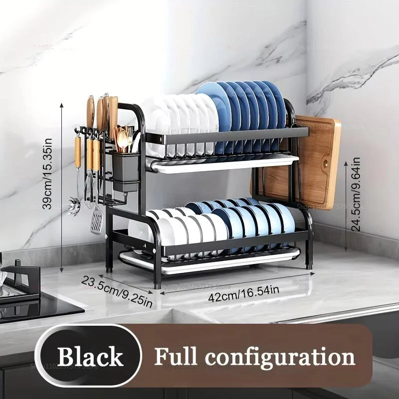 Two-Tier Compact Dish Drying Rack with Draining Board and Utensil Holder Rust-Proof Kitchen Dish Drainer For Narrow Spaces