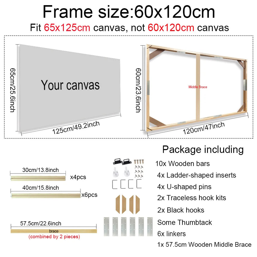 Canvas frame size chart and package contents for a 60x120cm frame.