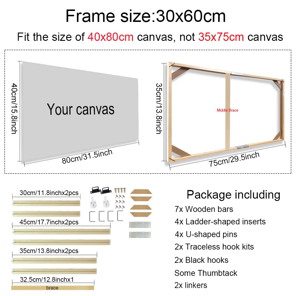 Wooden picture frame with dimensions and package contents listed