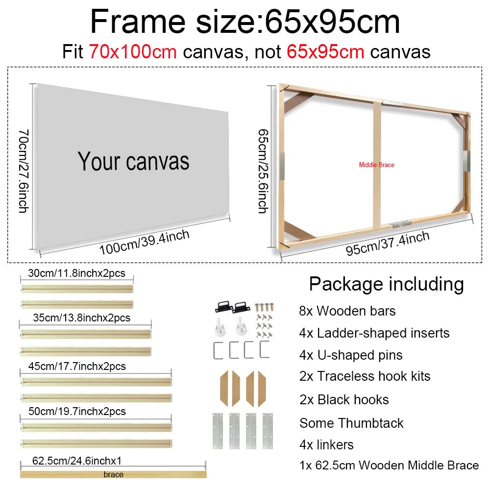 Canvas frame kit with dimensions and components listed