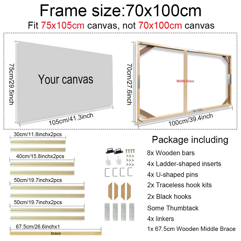 Canvas frame size chart and package contents for a 70x100cm frame.