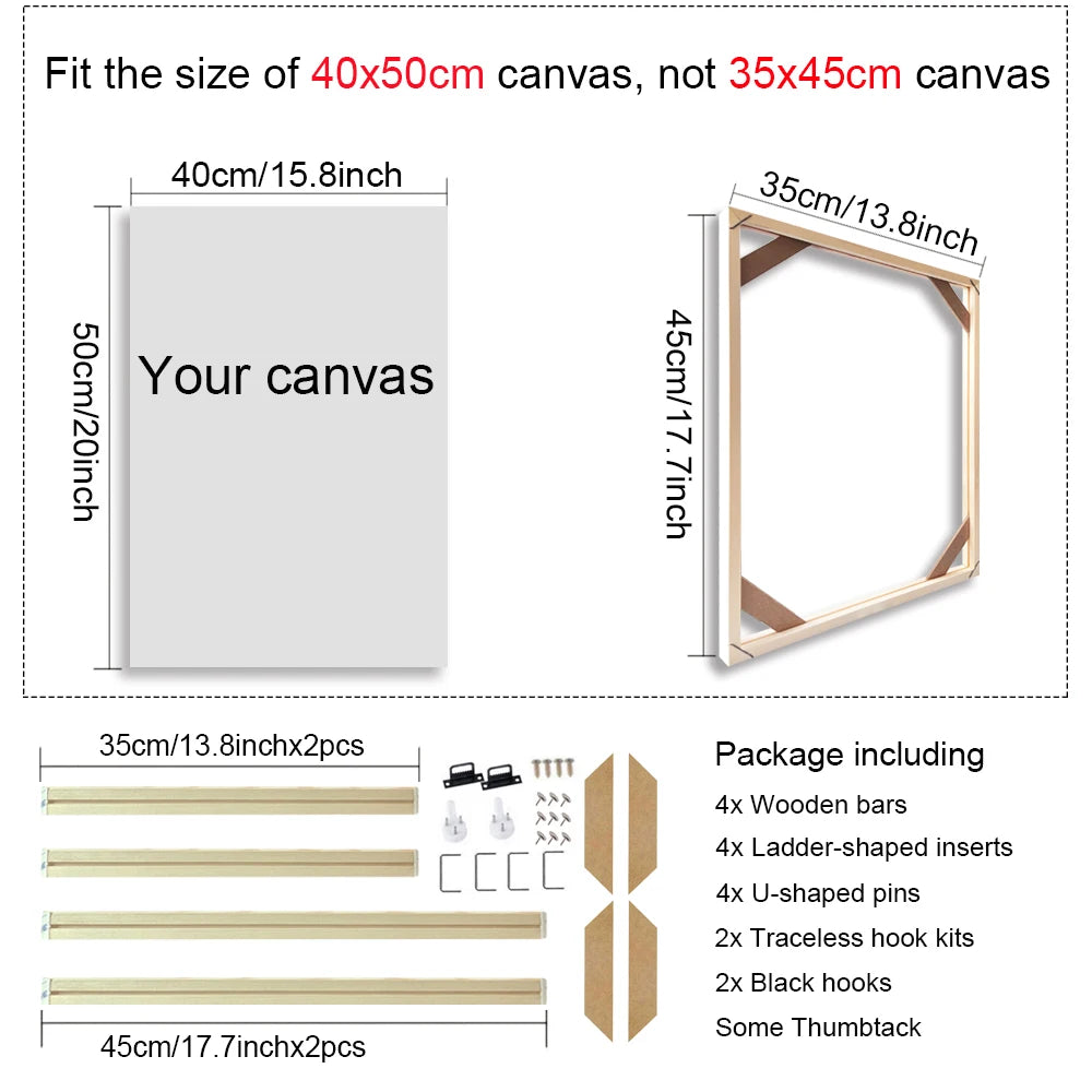 Wooden picture frame with dimensions and package contents listed