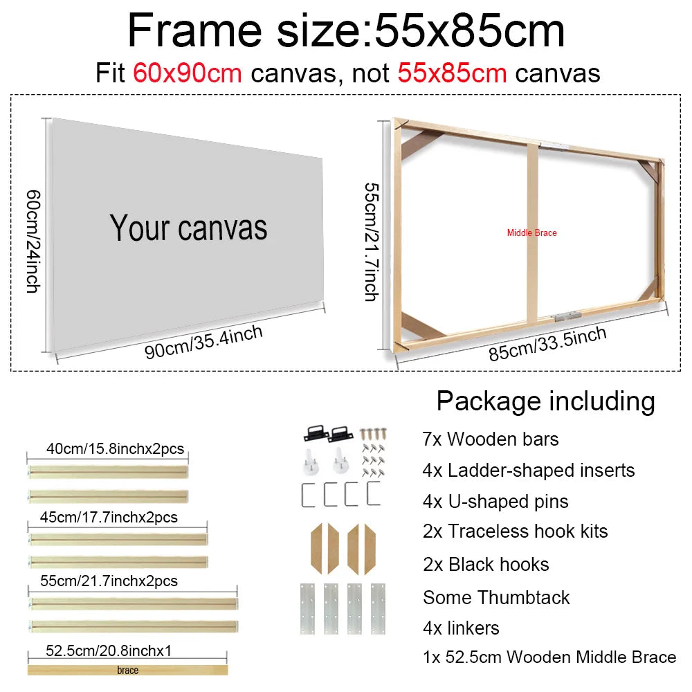 Canvas frame size chart and package contents for 60x90cm canvas
