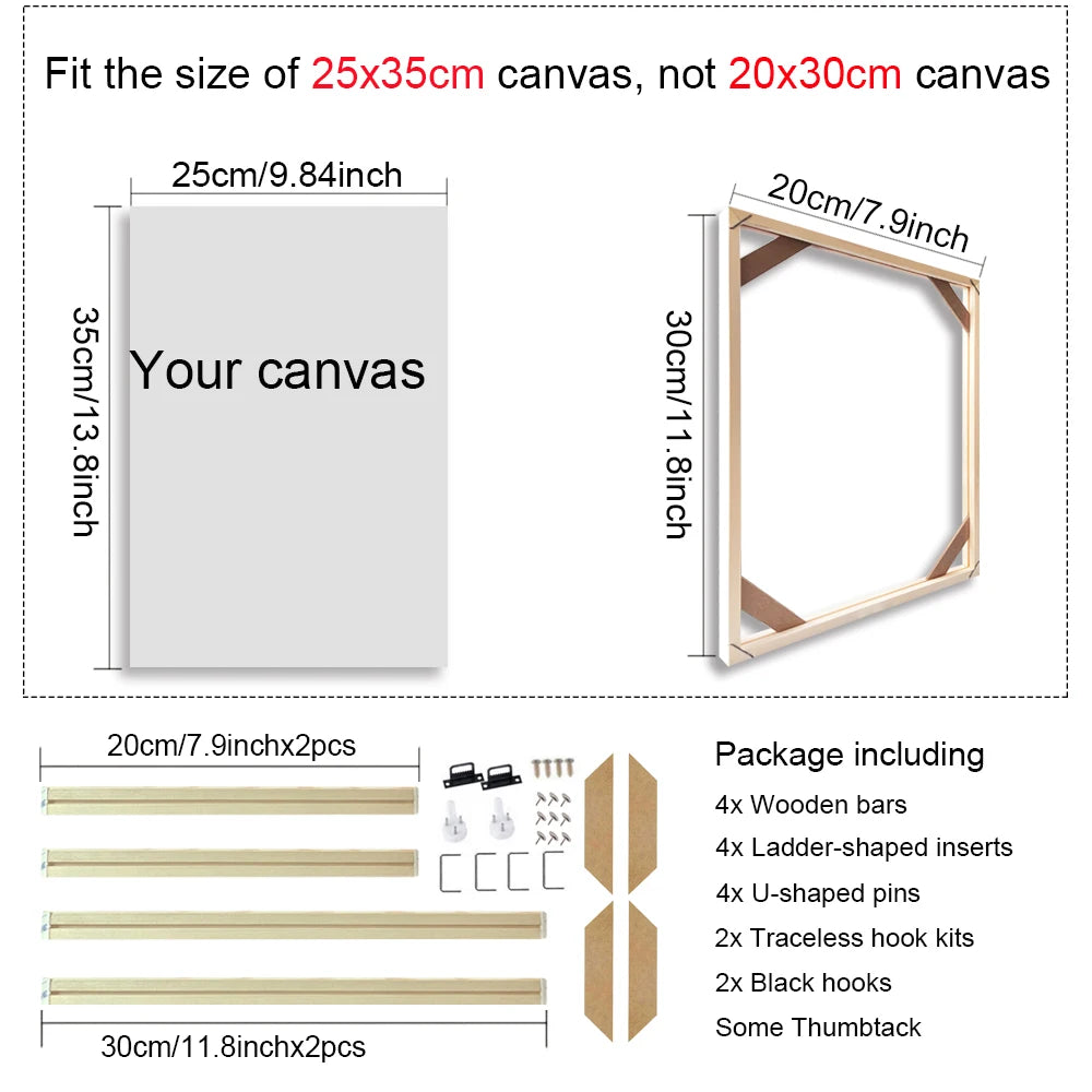 Measurement chart for a 25x35cm canvas with wooden frame and hardware package details.