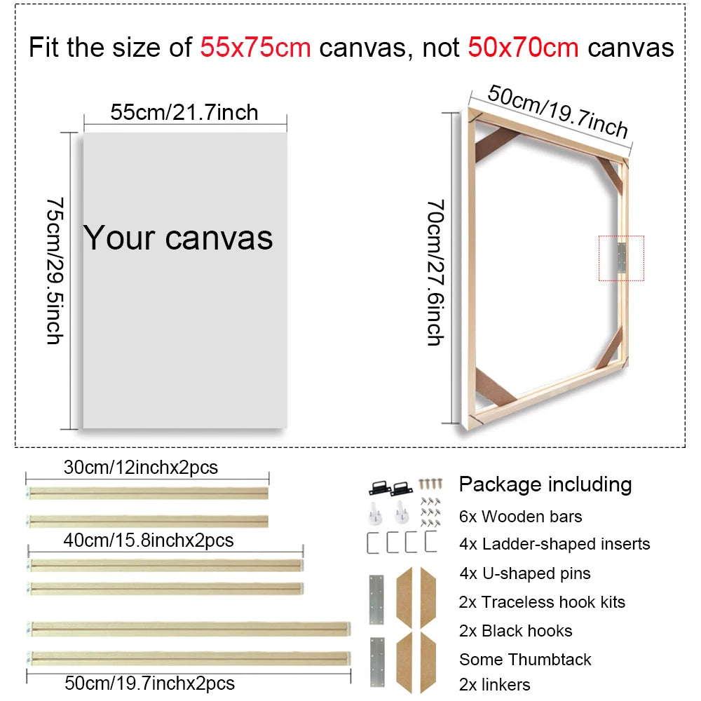 Wooden picture frame with dimensions and components listed on a white background