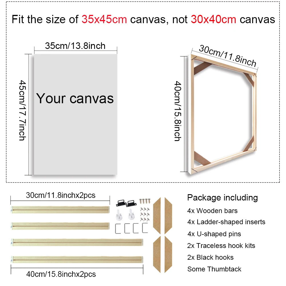 Wooden picture frame with dimensions and package contents on a white background
