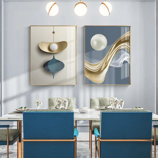 Abstract Minimalist Architectural Inspiration Wall Art Fine Art Canvas Prints Golden Blue Beige Pictures For Luxury Living Room Contemporary Home Office Decor