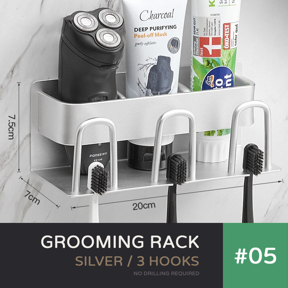 Bathroom Grooming Rack Toothbrush Holder Razor Stand Cosmetics Organizer Shelf Modern Wall Mounted Aluminum Washroom Essentials