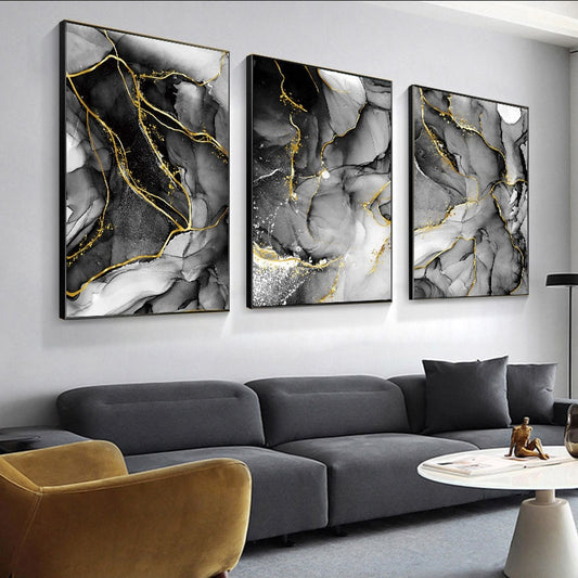 Black White Golden Marble Effect Abstract Wall Art Fine Art Canvas Prints For Modern Apartment Living Room Home Decor