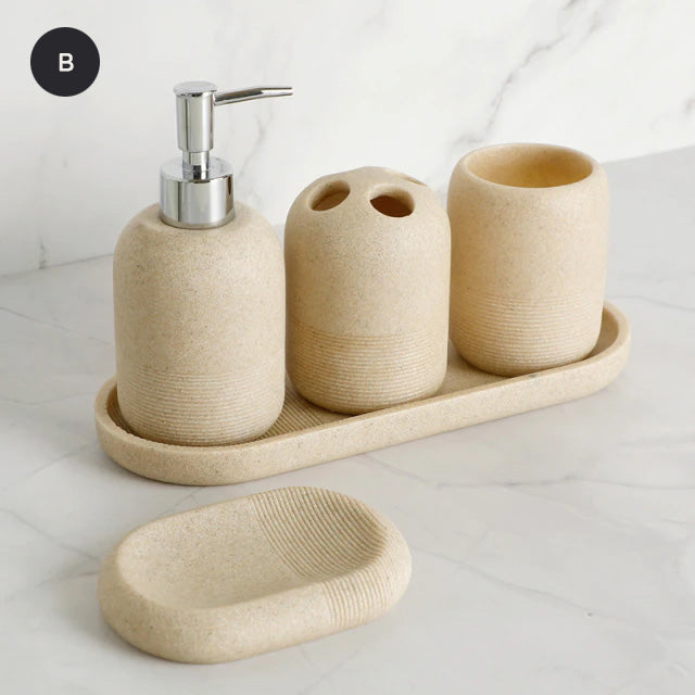 Contemporary Design Bathroom Accessories Liquid Soap Dispenser Toothbrush Holder Hand SoapTray Tumbler Luxury Washroom Set in Granite Gray and Yellow Sand