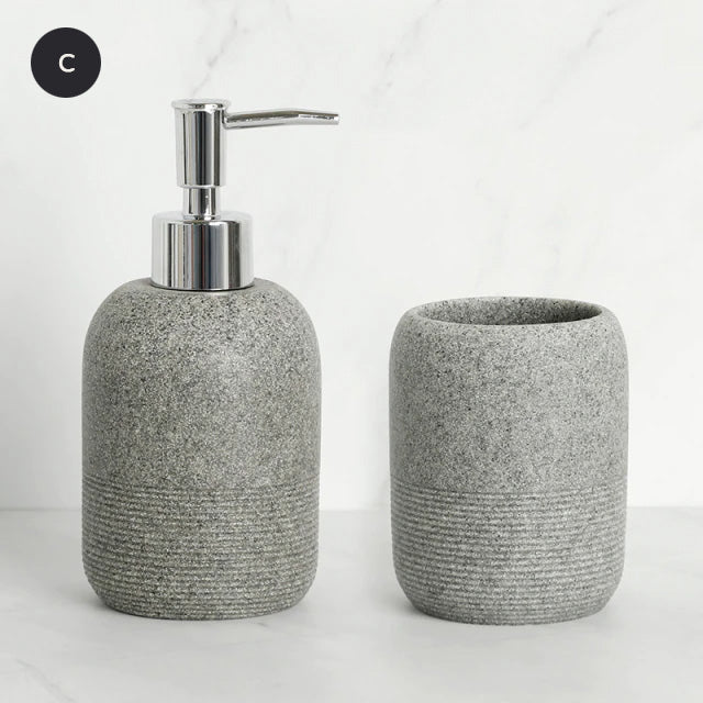 Contemporary Design Bathroom Accessories Liquid Soap Dispenser Toothbrush Holder Hand SoapTray Tumbler Luxury Washroom Set in Granite Gray and Yellow Sand