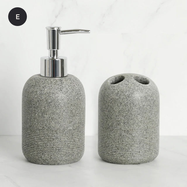 Contemporary Design Bathroom Accessories Liquid Soap Dispenser Toothbrush Holder Hand SoapTray Tumbler Luxury Washroom Set in Granite Gray and Yellow Sand