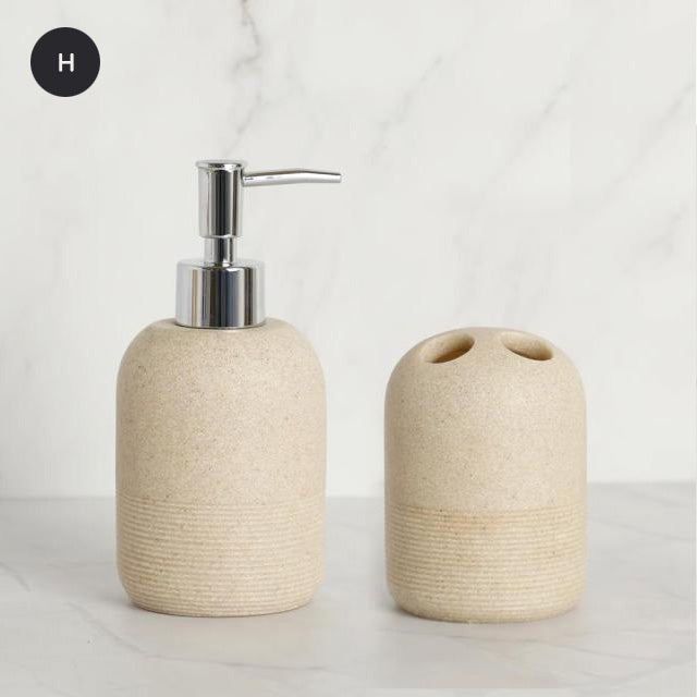 Contemporary Design Bathroom Accessories Liquid Soap Dispenser Toothbrush Holder Hand SoapTray Tumbler Luxury Washroom Set in Granite Gray and Yellow Sand