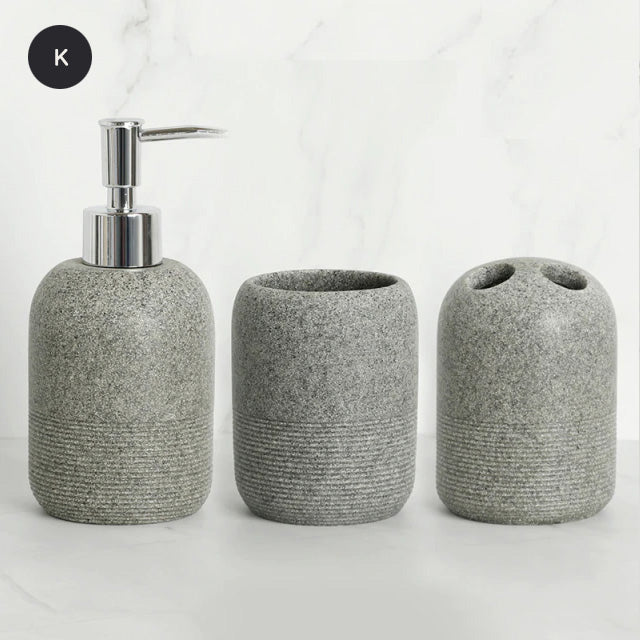 Contemporary Design Bathroom Accessories Liquid Soap Dispenser Toothbrush Holder Hand SoapTray Tumbler Luxury Washroom Set in Granite Gray and Yellow Sand