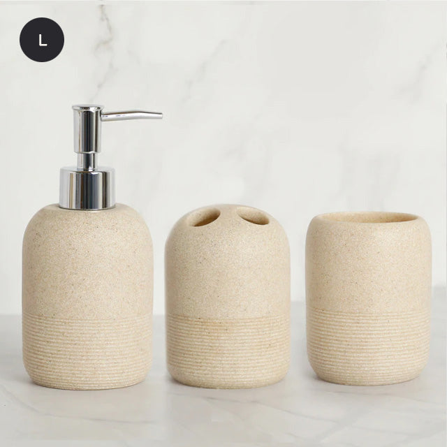 Contemporary Design Bathroom Accessories Liquid Soap Dispenser Toothbrush Holder Hand SoapTray Tumbler Luxury Washroom Set in Granite Gray and Yellow Sand