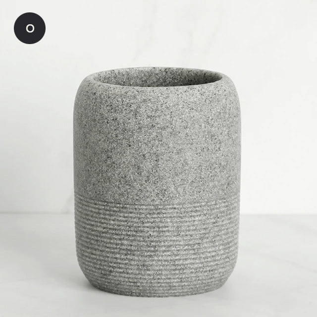 Contemporary Design Bathroom Accessories Liquid Soap Dispenser Toothbrush Holder Hand SoapTray Tumbler Luxury Washroom Set in Granite Gray and Yellow Sand