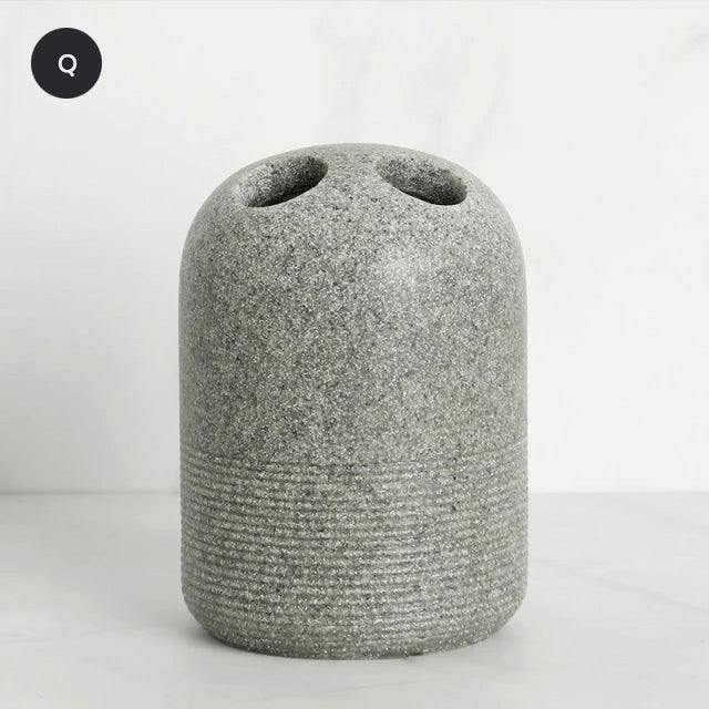 Contemporary Design Bathroom Accessories Liquid Soap Dispenser Toothbrush Holder Hand SoapTray Tumbler Luxury Washroom Set in Granite Gray and Yellow Sand