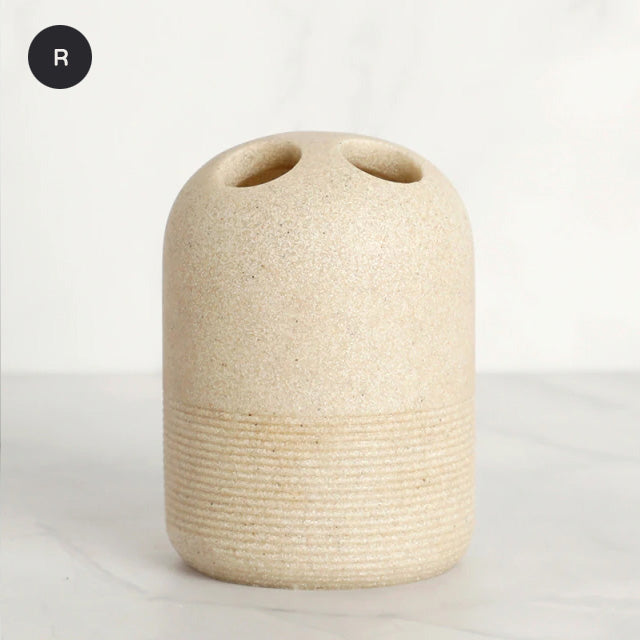 Contemporary Design Bathroom Accessories Liquid Soap Dispenser Toothbrush Holder Hand SoapTray Tumbler Luxury Washroom Set in Granite Gray and Yellow Sand