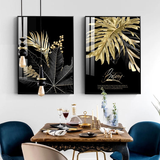 Black Golden Palms Tropical Botany Wall Art Fine Art Canvas Prints Stylish Pictures For Modern Loft Living Room Home Office Luxury Wall Interiors Wall Art Decor