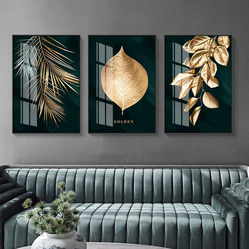 Golden Leaves Wall Art Minimalist Abstract Botanical Fine Art Canvas Prints Modern Pictures For Living Room Dining Room Hotel Home Office Interior Decor