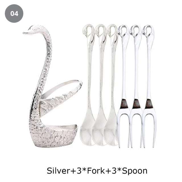 Golden Swan Salad Serving Set Gold Silver Or Bronze Swan Base Holder With 7 Pcs Set Stainless Steel Salad Forks Coffee Dessert Spoons