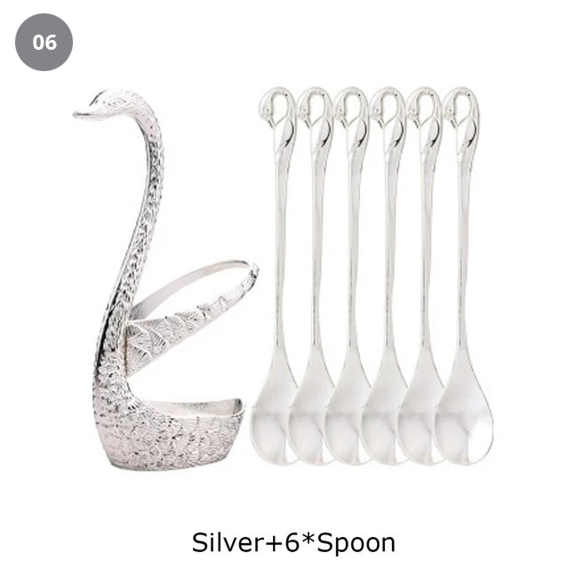 Golden Swan Salad Serving Set Gold Silver Or Bronze Swan Base Holder With 7 Pcs Set Stainless Steel Salad Forks Coffee Dessert Spoons