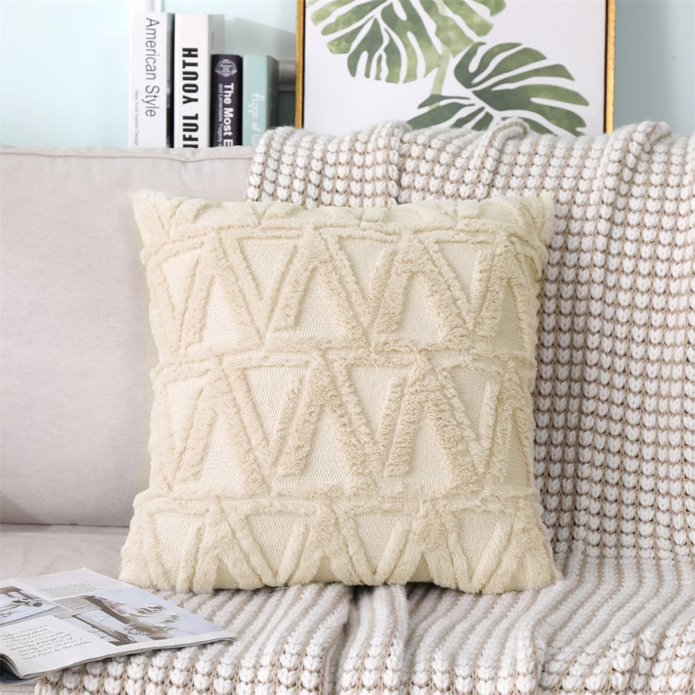 Soft Plush Cushion Cover Modern Rustic Luxury Embroidered Geometric Faux Wool Decorative Cover For Sofa Cushions Throw Pillow Cover
