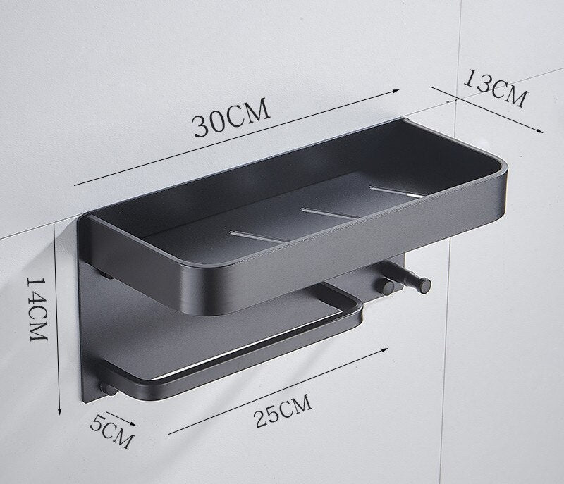 Aluminium Bathroom Shelf Rounded Square Shower Accessory Rack Bath Shower Shelf With Towel Hooks Rail Bathroom Organizer Rack