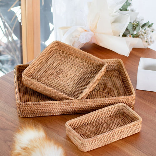 Japanese Style Handwoven Rattan Storage Tray Wicker Basket For Fruit Table Condiments Cosmetics etc Essential Home Storage For Kitchen Dining Room