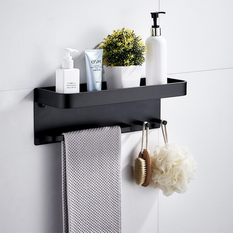 Aluminium Bathroom Shelf Rounded Square Shower Accessory Rack Bath Shower Shelf With Towel Hooks Rail Bathroom Organizer Rack