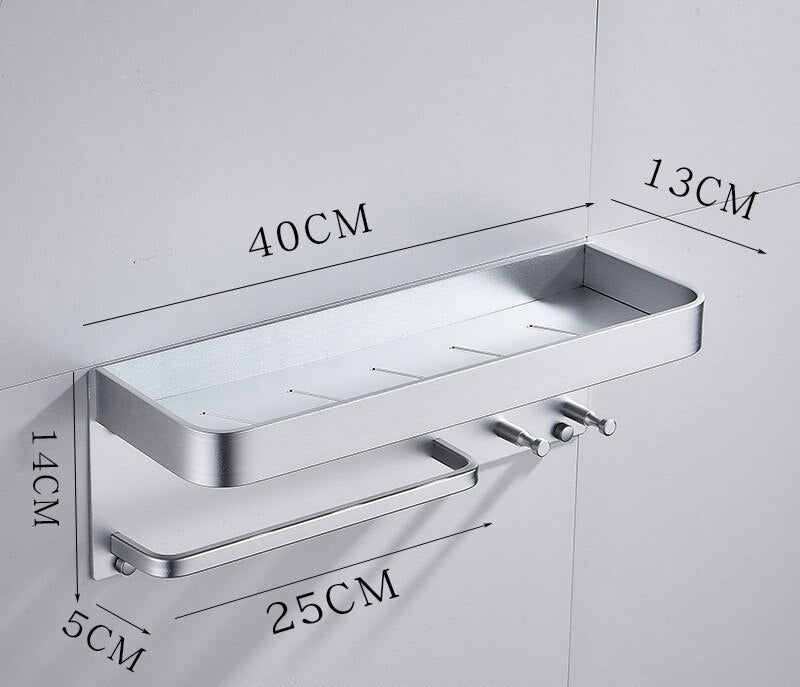 Aluminium Bathroom Shelf Rounded Square Shower Accessory Rack Bath Shower Shelf With Towel Hooks Rail Bathroom Organizer Rack