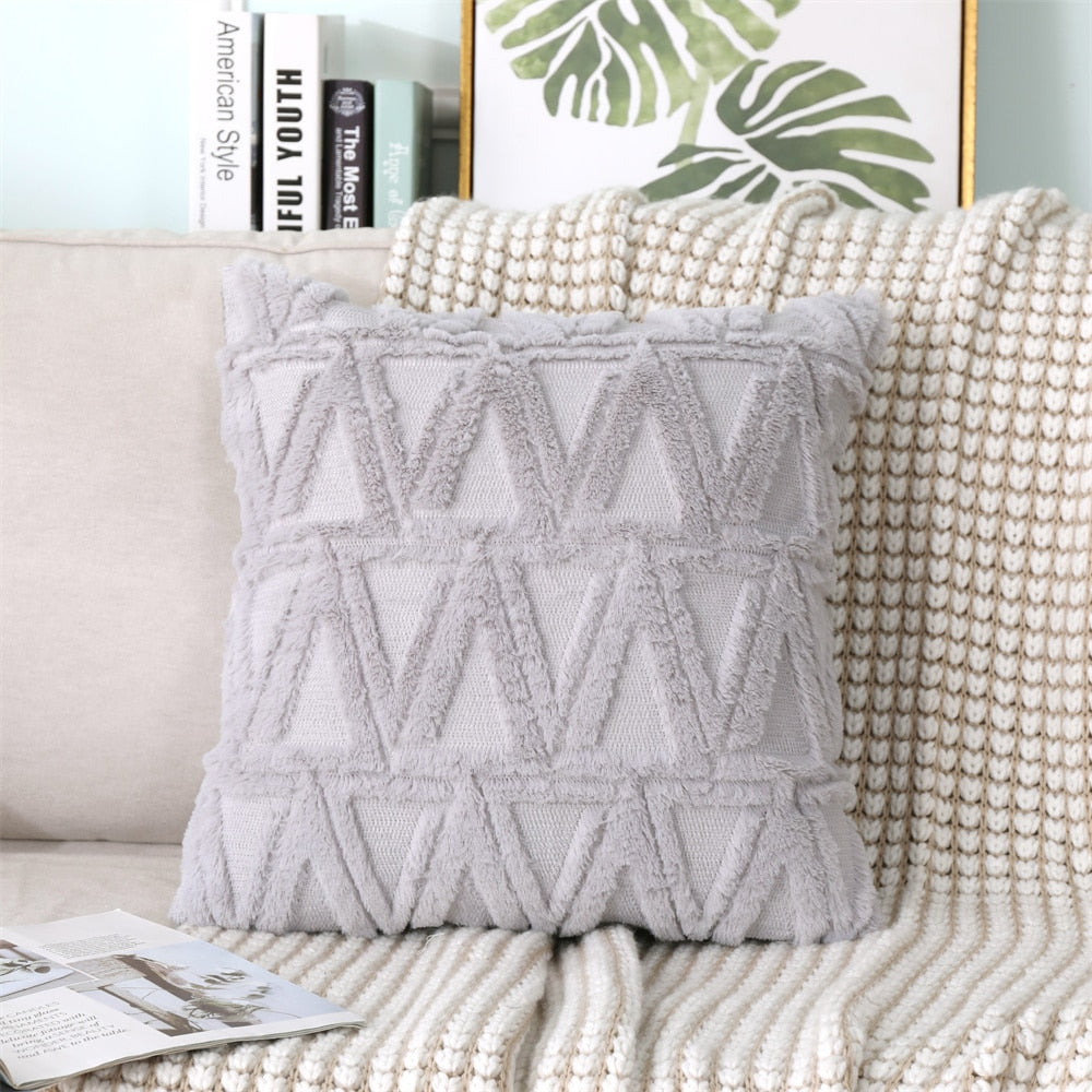 Soft Plush Cushion Cover Modern Rustic Luxury Embroidered Geometric Faux Wool Decorative Cover For Sofa Cushions Throw Pillow Cover