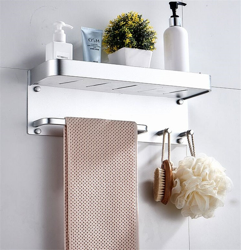 Aluminium Bathroom Shelf Rounded Square Shower Accessory Rack Bath Shower Shelf With Towel Hooks Rail Bathroom Organizer Rack