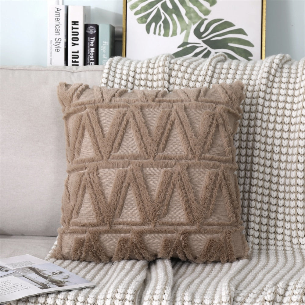 Soft Plush Cushion Cover Modern Rustic Luxury Embroidered Geometric Faux Wool Decorative Cover For Sofa Cushions Throw Pillow Cover