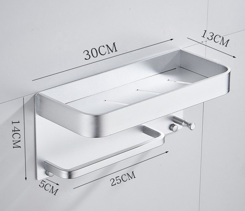 Aluminium Bathroom Shelf Rounded Square Shower Accessory Rack Bath Shower Shelf With Towel Hooks Rail Bathroom Organizer Rack