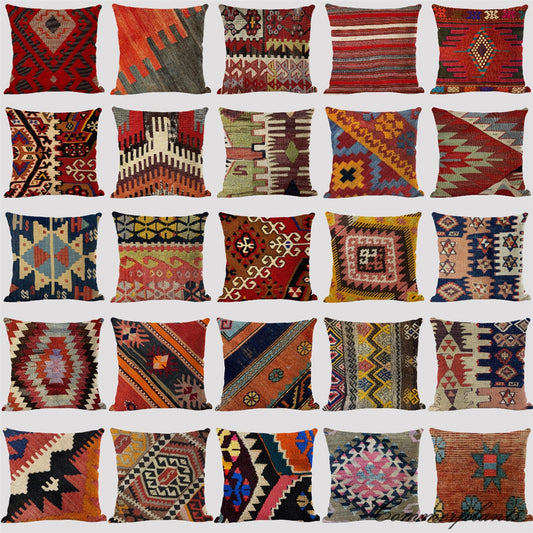Bohemian Aztec Geometry Pattern Linen Cushion Case - Multicolored Abstract Ethnic Print Sofa Throw Cushion Cover for Living Room Decor