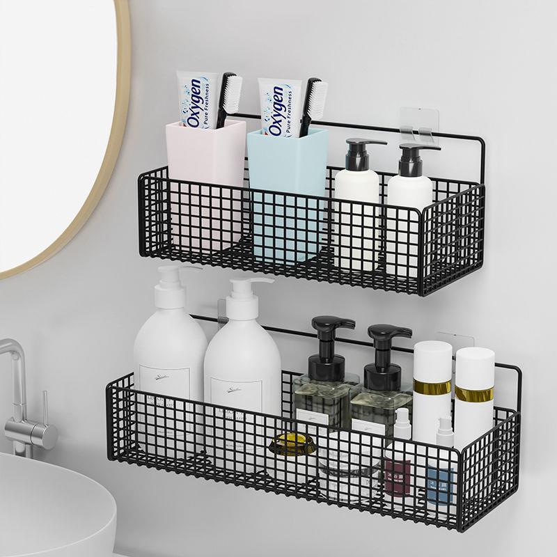 Black White Bathroom Racking Shelving For Shampoos Lotions Toiletries Cosmetics Storage Solution For Washroom No Drill Wall Mounted