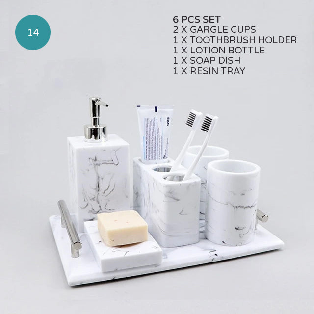 Light Grey White Marble Design Bathroom Accessories Soap Dispenser Toothbrush Holder Soap Dish Gargle Cup Wash Set Storage Tray Essential Washroom Supplies