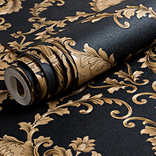 Luxury Embossed Black & Gold Damask Wallpaper Patterned Texture 3D Metallic Vinyl Wall Covering Opulent Interior Decor