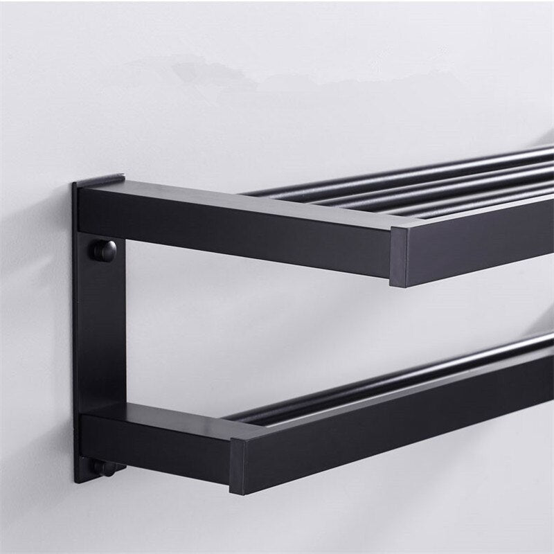 Matt Black Bathroom Towel Rack Wall Mounted Shelf With Twin Tier Towel Rails Modern Angular Design Polished Aluminum Finish Premium Bathroom Hardware
