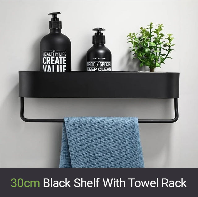 Matt Black Storage Shelf For Bathroom Or Kitchen Strong Modern Design Rigid Lightweight Space Aluminum With Optional Towel Rack No Drilling Required