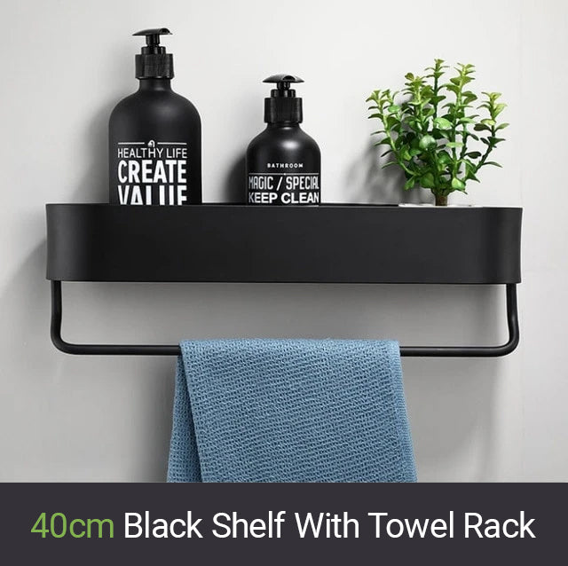 Matt Black Storage Shelf For Bathroom Or Kitchen Strong Modern Design Rigid Lightweight Space Aluminum With Optional Towel Rack No Drilling Required