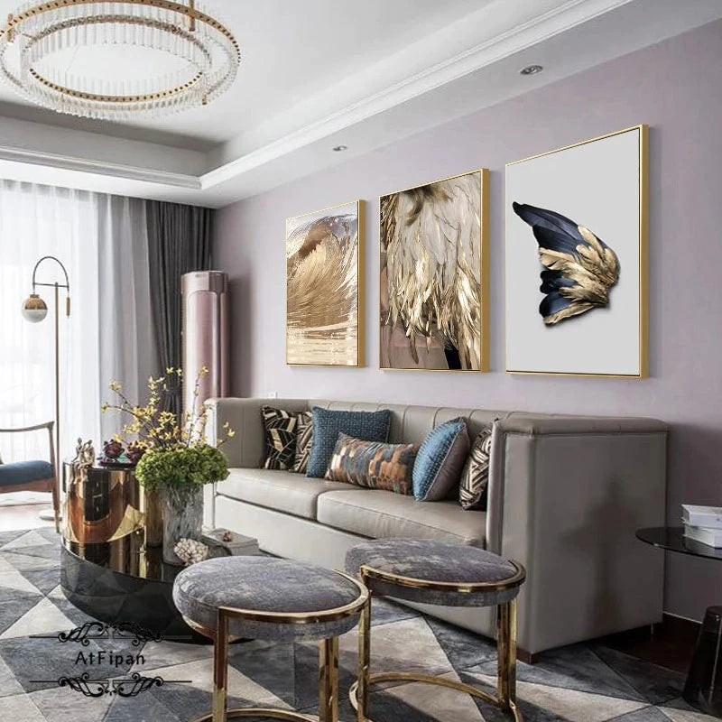 Modern Chic Abstract Golden Feathers Wall Art Sea Surf Feathered Wing Fine Art Canvas Print Pictures For Luxury Living Room Bedroom Glam Home Decor