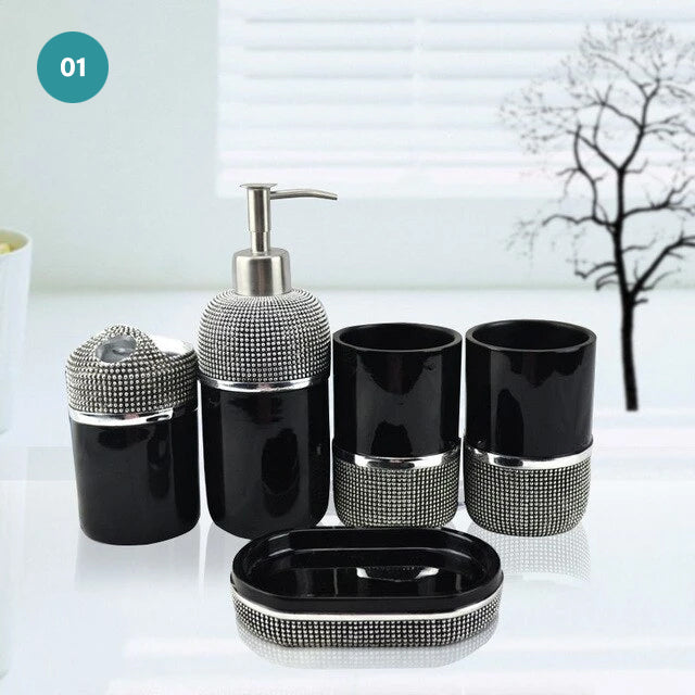 Modern Bathroom Accessories Kit Finished In Black Or White Resin Soap Dispenser Gargle Cup Toothbrush Holder Stylish Washroom Hardware Modern Bathroom Decor