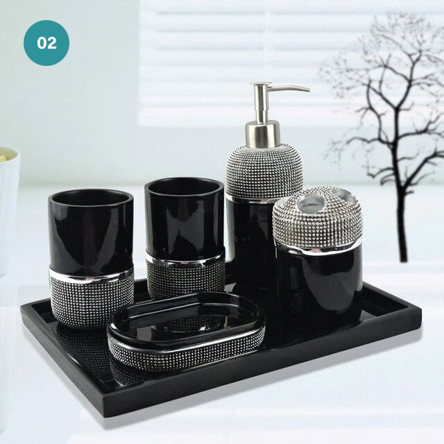 Modern Bathroom Accessories Kit Finished In Black Or White Resin Soap Dispenser Gargle Cup Toothbrush Holder Stylish Washroom Hardware Modern Bathroom Decor