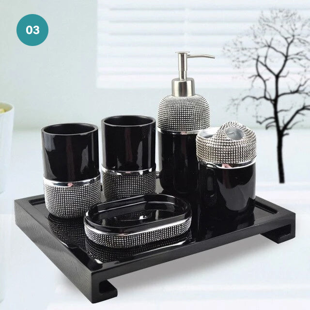 Modern Bathroom Accessories Kit Finished In Black Or White Resin Soap Dispenser Gargle Cup Toothbrush Holder Stylish Washroom Hardware Modern Bathroom Decor