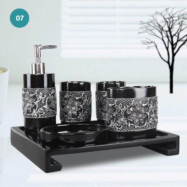 Modern Bathroom Accessories Kit Finished In Black Or White Resin Soap Dispenser Gargle Cup Toothbrush Holder Stylish Washroom Hardware Modern Bathroom Decor