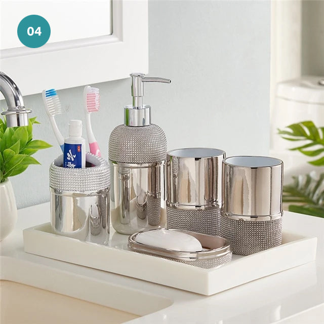 Modern Bathroom Accessories Resin Bronze Silver Soap Dispenser Toothbrush Holder Gargle Cup Soap Dish Tidy Solution Stylish Washroom Hardware Set