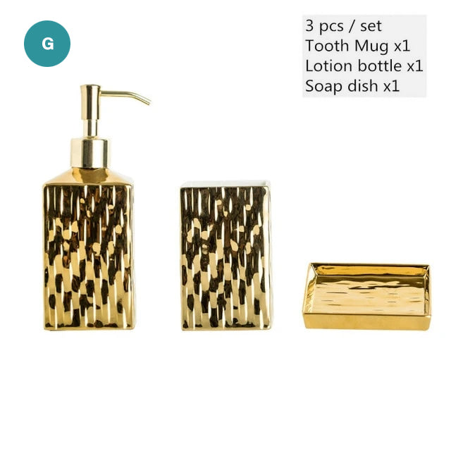 Modern Bathroom Accessories Set Ceramic Golden Or Silver Soap Dish Soap Lotion Dispenser Toothbrush Holder Stylish Makeup Cosmetics Storage Washroom Hardware